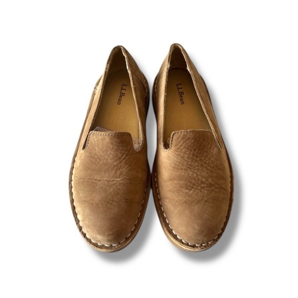 LL Bean Women's Stonington Nubuck Loafers Slip On Shoes Tan Leather Size 7